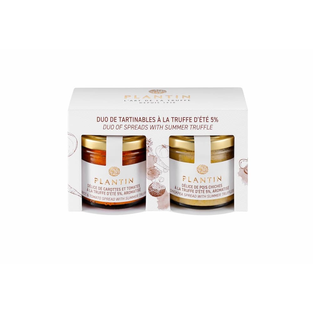 Duo of carrots and tomato spread & chickpea spread, both flavoured with summer truffle
